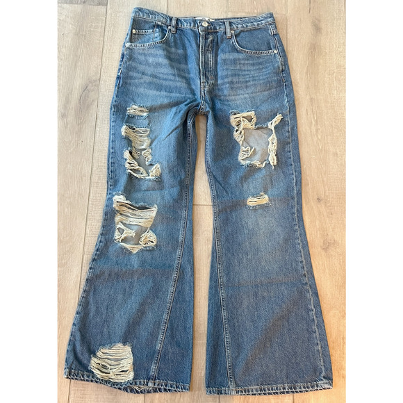 FREE PEOPLE WE THE FREE NEW DAWN FLARE DESTRUCTION JEANS OB1338043 SZ 31 - Picture 2 of 11